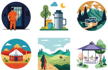 Kamp ziyafeti. Bir paket Savory ve Rustic Collection çıkartması. Al, Image Set 'i oluşturdu. Clipart çizgi film deisgn simgeleri