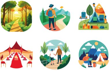 Kamp Festivali. Bir demet Manzaralı ve İç açıcı Koleksiyon Çıkartması. Al, Image Set 'i oluşturdu. Clipart çizgi film deisgn simgeleri