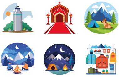 Kaçış Kampı. Bir Sükunet ve Sahne Koleksiyonu Çıkartması. Al, Image Set 'i oluşturdu. Clipart çizgi film deisgn simgeleri