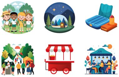 Kaçış Kampı. Manzaralı ve Kıyı Koleksiyonlu Çıkartmalar. Al, Image Set 'i oluşturdu. Clipart çizgi film deisgn simgeleri