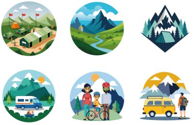 Kamp Malzemeleri. Bir paket Pratik ve Ferahlatıcı Koleksiyon Çıkartması. Al, Image Set 'i oluşturdu. Clipart çizgi film deisgn simgeleri