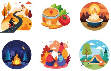 Kamp eğlencesi. Kırsal ve Rekabetçi Toplama Çıkartmaları. Al, Image Set 'i oluşturdu. Clipart çizgi film deisgn simgeleri