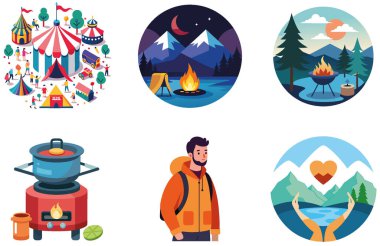 Kaçış Kampı. Bir demet Manzaralı ve Serene Koleksiyon Çıkartması. Al, Image Set 'i oluşturdu. Clipart çizgi film deisgn simgeleri