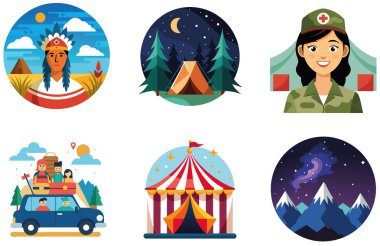 Kamp etkinliği. Geniş ve Manzaralı Koleksiyon Çıkartmaları. Al, Image Set 'i oluşturdu. Clipart çizgi film deisgn simgeleri