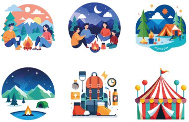 Kamp Macerası. Bir paket nefes kesici ve Serene Collection çıkartması. Al, Image Set 'i oluşturdu. Clipart çizgi film deisgn simgeleri