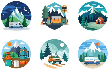 Kamp Gecesi. Bir paket Peaceful and Scenic Collection Stickers. Al, Image Set 'i oluşturdu. Clipart çizgi film deisgn simgeleri