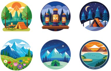 Kamp Festivali. Bir deste canlı ve şenlikli koleksiyon çıkartması. Al, Image Set 'i oluşturdu. Clipart çizgi film deisgn simgeleri