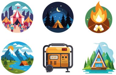 Kamp Macerası. Bir demet Genç ve Manzaralı Koleksiyon Çıkartması. Al, Image Set 'i oluşturdu. Clipart çizgi film deisgn simgeleri