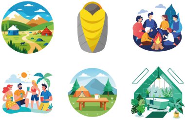 Kamp Sergisi. Bir paket Modern ve Uygulamalı Koleksiyon Etiketi. Al, Image Set 'i oluşturdu. Clipart çizgi film deisgn simgeleri