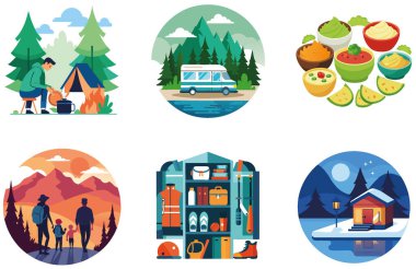 Kamp Macerası. Bir deste Vatansever ve Manzaralı Koleksiyon Çıkartması. Al, Image Set 'i oluşturdu. Clipart çizgi film deisgn simgeleri