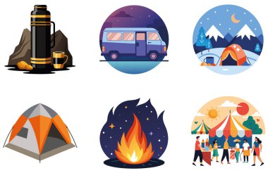 Kamp Enerjisi. Ateşli ve Dinamik Koleksiyon Etiketleri. Al, Image Set 'i oluşturdu. Clipart çizgi film deisgn simgeleri