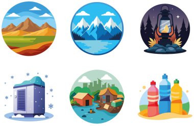 Kamp Mirası. Bir deste kabile ve sahne koleksiyonu çıkartması. Al, Image Set 'i oluşturdu. Clipart çizgi film deisgn simgeleri