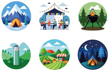 Kamp ziyafeti. Bir paket Kurtarıcı ve Izgara Koleksiyon Çıkartması. Al, Image Set 'i oluşturdu. Clipart çizgi film deisgn simgeleri