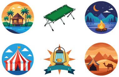 Kamp Aksiyonu. Ateşli ve Enerjik Koleksiyon Çıkartmaları Paketi. Al, Image Set 'i oluşturdu. Clipart çizgi film deisgn simgeleri