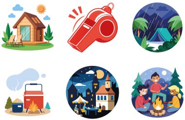 Kamp Macerası. Bir deste Pratik ve Seyahate Hazır Koleksiyon Etiketi. Al, Image Set 'i oluşturdu. Clipart çizgi film deisgn simgeleri