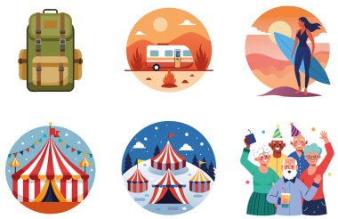 Kaçış Kampı. Bir paket Blazing ve Majestic Collection çıkartması. Al, Image Set 'i oluşturdu. Clipart çizgi film deisgn simgeleri