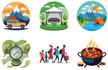 Kamp Macerası. Pratik ve Rustik Koleksiyon Çıkartmaları Paketi. Al, Image Set 'i oluşturdu. Clipart çizgi film deisgn simgeleri