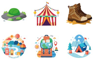 Gece hayatı kampı. Bir deste canlı ve şenlikli koleksiyon çıkartması. Al, Image Set 'i oluşturdu. Clipart çizgi film deisgn simgeleri