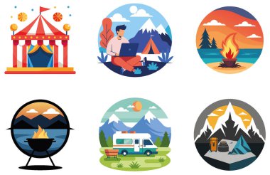 Kamp Macerası. Bir deste Çapkın ve Kırsal Koleksiyon Etiketi. Al, Image Set 'i oluşturdu. Clipart çizgi film deisgn simgeleri