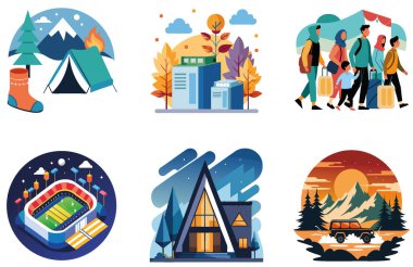 Kamp Mutfağı. Bir paket Modern ve Uygulamalı Koleksiyon Etiketi. Al, Image Set 'i oluşturdu. Clipart çizgi film deisgn simgeleri