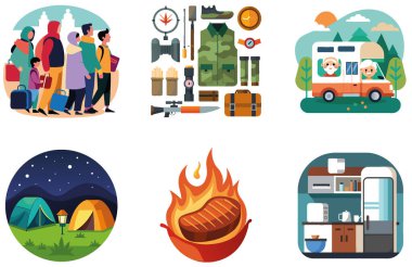 Kamp Macerası. Bir paket Ilık ve Aydınlatma Koleksiyon Etiketi. Al, Image Set 'i oluşturdu. Clipart çizgi film deisgn simgeleri