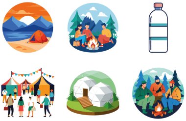 Kamp Macerası. Bir demet Sahne ve Özel Koleksiyon Çıkartması. Al, Image Set 'i oluşturdu. Clipart çizgi film deisgn simgeleri