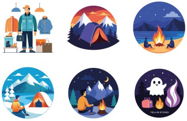 Kaçış Kampı. Bir paket sükunet ve sahne koleksiyonu çıkartması. Al, Image Set 'i oluşturdu. Clipart çizgi film deisgn simgeleri