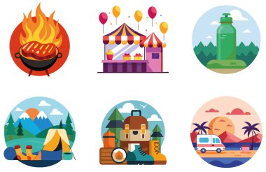 Kutlama kampı. Bir paket Vibrant and Culinary Collection Stickers. Al, Image Set 'i oluşturdu. Clipart çizgi film deisgn simgeleri