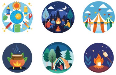 Kamp Güvenliği. Bir deste Dayanıklı ve Koruyucu Koleksiyon Etiketi. Al, Image Set 'i oluşturdu. Clipart çizgi film deisgn simgeleri