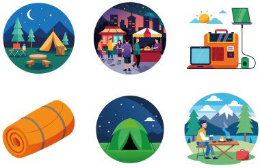 Kamp Keşfi. Canlı ve Kültürel Koleksiyon Etiketleri Paketi. Al, Image Set 'i oluşturdu. Clipart çizgi film deisgn simgeleri