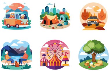 Kamp Macerası. Bir paket dinginlik ve Kuzey Işıkları Koleksiyon Etiketi. Al, Image Set 'i oluşturdu. Clipart çizgi film deisgn simgeleri