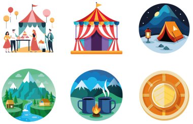 Kamp eğlencesi. Bir buket Neşe ve Arkadaşlık Çıkartması. Al, Image Set 'i oluşturdu. Clipart çizgi film deisgn simgeleri