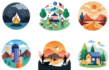 Kamp Gezisi. Manzaralı ve Sonbahar Koleksiyonlu Çıkartmalar. Al, Image Set 'i oluşturdu. Clipart çizgi film deisgn simgeleri