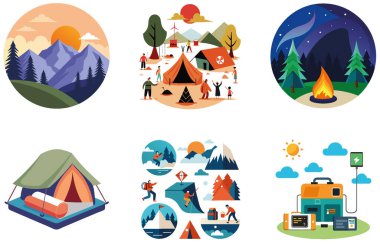 Kamp Macerası. Zirve ve ve Güvenlik Çıkartması Paketi. Al, Image Set 'i oluşturdu. Clipart çizgi film deisgn simgeleri