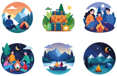 Kaçış Kampı. Bir paket Serene ve Dawn Koleksiyon Etiketi. Al, Image Set 'i oluşturdu. Clipart çizgi film deisgn simgeleri