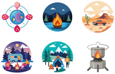 Kamp Macerası. Bir Kurtuluş ve Dayanıklılık Toplama Etiketi. Al, Image Set 'i oluşturdu. Clipart çizgi film deisgn simgeleri