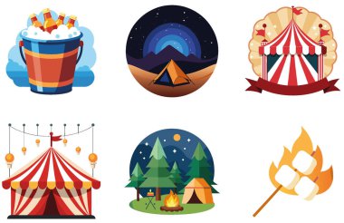 Kamp Heyecanı. Bir Enerji ve Birlik Koleksiyonu Çıkartması. Al, Image Set 'i oluşturdu. Clipart çizgi film deisgn simgeleri