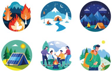 Kamp Macerası. Bir Kış ve Huzur Toplama Çıkartması. Al, Image Set 'i oluşturdu. Clipart çizgi film deisgn simgeleri