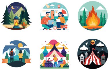 Kamp eğlencesi. Bir demet kaprisli ve oyuncu koleksiyon çıkartması. Al, Image Set 'i oluşturdu. Clipart çizgi film deisgn simgeleri