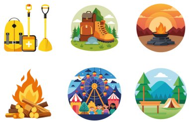 Kamp Macerası. Bir paket Huzur ve Kılavuz Toplama Çıkartması. Al, Image Set 'i oluşturdu. Clipart çizgi film deisgn simgeleri