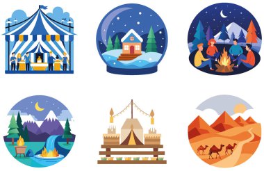 Kamp gezisi. Bir buket Neşe ve Beraberlik Çıkartması. Al, Image Set 'i oluşturdu. Clipart çizgi film deisgn simgeleri