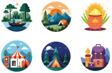 Kaçış Kampı. Bir Serenity and Adventure Collection Stickers paketi. Al, Image Set 'i oluşturdu. Clipart çizgi film deisgn simgeleri