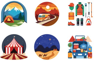 Kamp Macerası. Bir deste Güçlü ve Temel Koleksiyon Etiketi. Al, Image Set 'i oluşturdu. Clipart çizgi film deisgn simgeleri