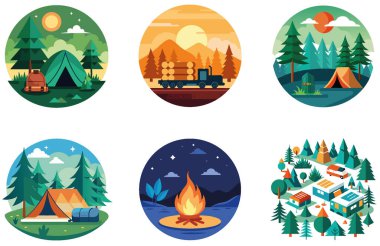 Hayatta Kalma Kampı. Bir deste Sıcaklık ve Dönüşüm Koleksiyonu Çıkartması. Al, Image Set 'i oluşturdu. Clipart çizgi film deisgn simgeleri