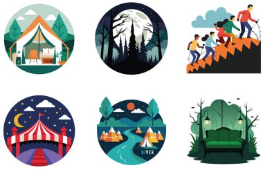 Kutlama kampı. Bir Kutlama ve Özgürlük Çıkartması Paketi. Al, Image Set 'i oluşturdu. Clipart çizgi film deisgn simgeleri