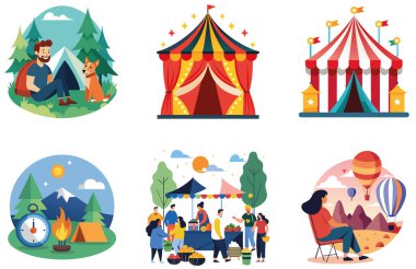 Kamp Gezisi. Sahne ve Huzur Toplama Çıkartmaları Paketi. Al, Image Set 'i oluşturdu. Clipart çizgi film deisgn simgeleri