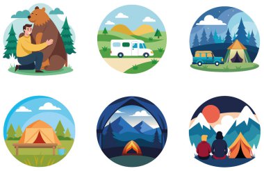 Kamp Gecesi. Parlak Alevler ve Gizemli Koleksiyon Çıkartmaları. Al, Image Set 'i oluşturdu. Clipart çizgi film deisgn simgeleri