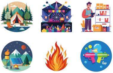 Kamp Macerası. Bir deste Gizem ve Heyecan Çıkartması. Al, Image Set 'i oluşturdu. Clipart çizgi film deisgn simgeleri