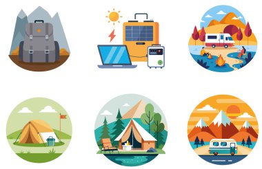 Kamp pikniği. Bir paket dinginlik ve temiz hava koleksiyonu çıkartması. Al, Image Set 'i oluşturdu. Clipart çizgi film deisgn simgeleri