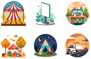 Kamp Macerası. Heyecan ve Huzur Toplama Çıkartmaları Paketi. Al, Image Set 'i oluşturdu. Clipart çizgi film deisgn simgeleri